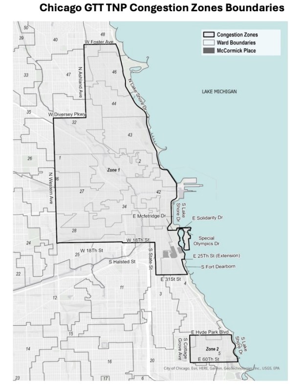 This map provided by the City of Chicago's Department of Finance shows the expanded boundaries of the congestion zone. (City of Chicago)
