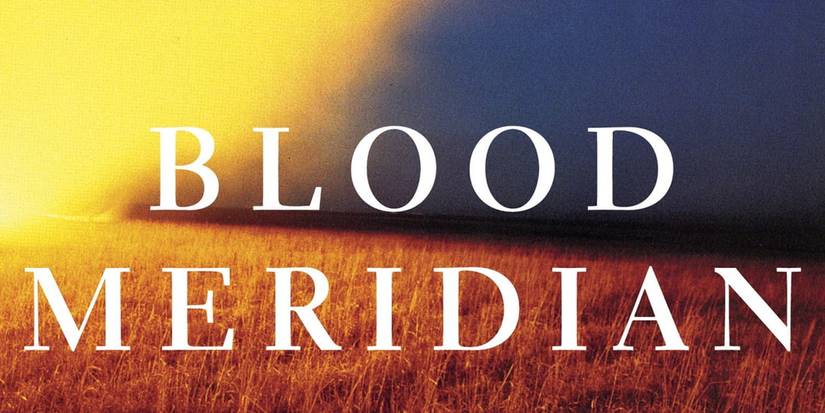 Cropped image of one of the many cover art pieces for Blood Meridian by Cormac McCarthy, featuring the title of the book floating amid the plains in the Western frontier.
