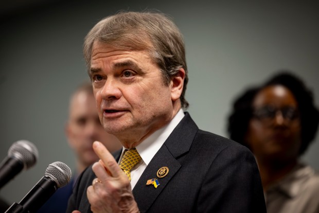 U.S. Rep. Mike Quigley, 5th, speaks as Illinois officials gathered to oppose federal budget cuts to services on Feb. 17, 2025. (Brian Cassella/Chicago Tribune)