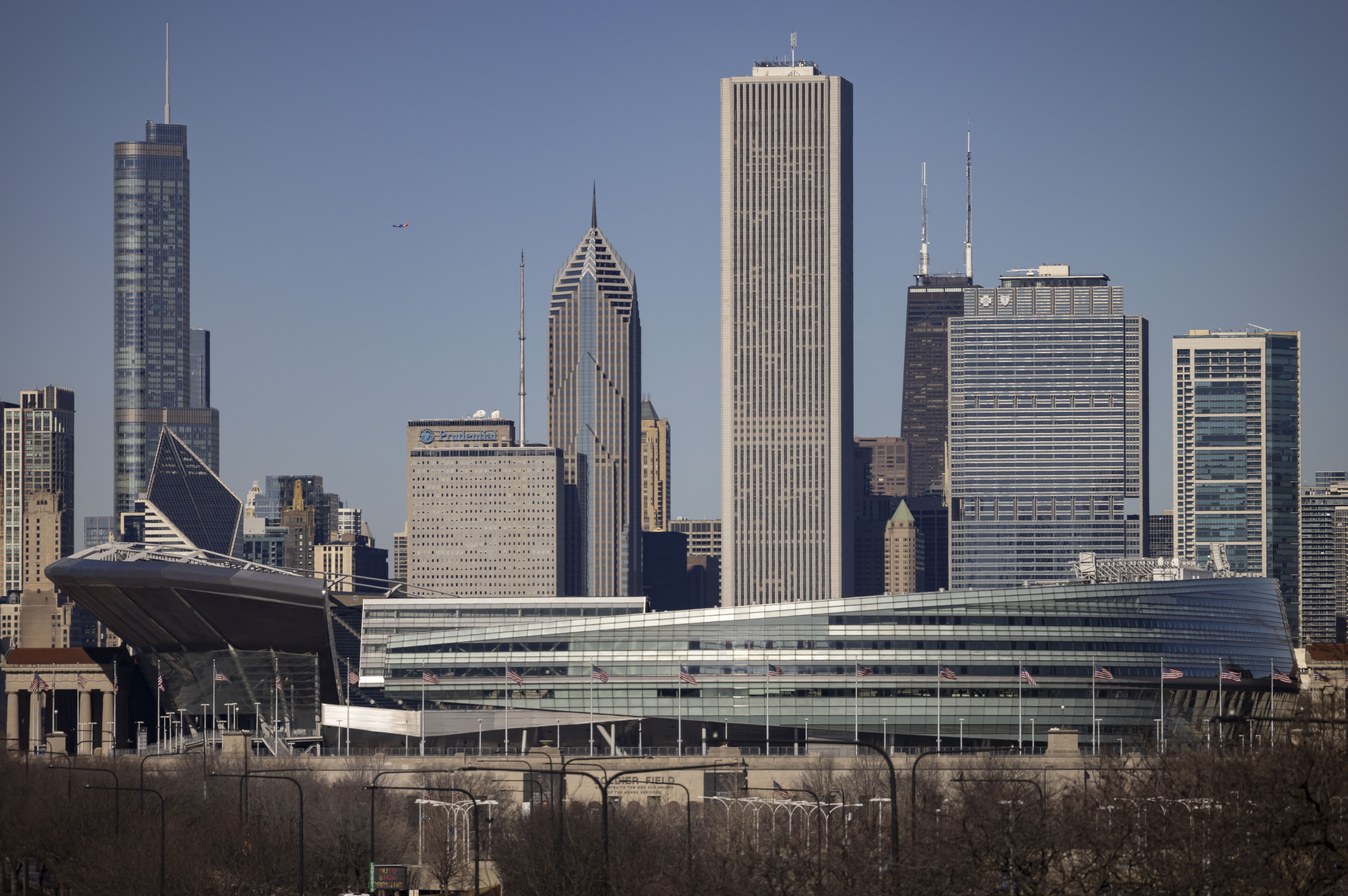 Soldier Field and the Chicago skyline on Feb. 12, 2023....