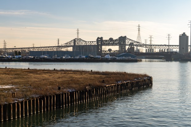 The Chicago Skyway Toll Bridge, a common path for Chicagoans to travel to Indiana, shown from South Ewing Avenue in South Chicago on Dec. 17, 2025. (Dominic Di Palermo/Chicago Tribune)