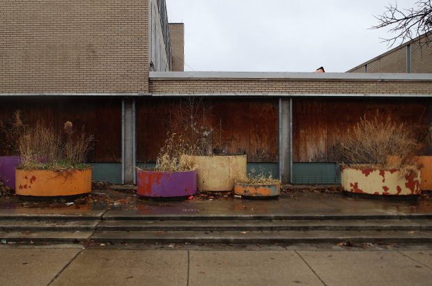 Planters are untended at the former Henson Elementary School at 1326 S. Avers Ave. in Chicago on Dec. 18, 2025. (John J. Kim/Chicago Tribune)
