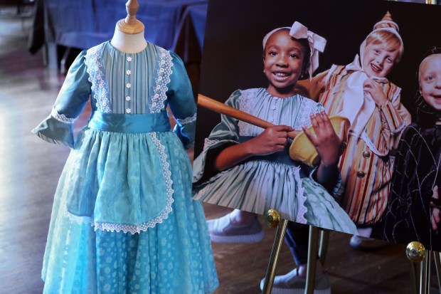 A costume created by Natalie Merchant for a video production of "Little Miss Muffet," a well-known Mother Goose rhyme, is displayed at Symphony Center in Chicago on Oct. 8, 2025. Merchant created a video series called the "Cabinet of Wonder," a musical introduction to the traditional nursery rhymes by Mother Goose. (Terrence Antonio James/Chicago Tribune)