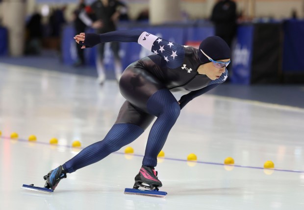 Sarah Warren skates in the women's 500-meter event on her way to a second place finish and qualifying for the Milan Olympics, Jan. 5, 2026, during the U.S. Olympic Team Trials Long Track at the Pettit National Ice Center in Milwaukee. (Brian Cassella/Chicago Tribune)