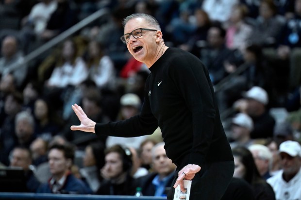 DePaul head coach Chris Holtmann gestures during a game against UConn, Saturday, Jan. 10, 2026, in Hartford, Conn. (AP Photo/Jessica Hill)