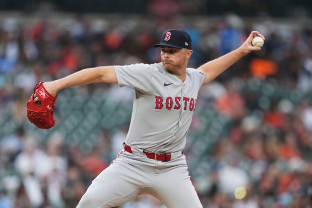 Boston Red Sox pitcher Sean Newcomb throws against the Detroit Tigers in the third inning during a game on Monday, May 12, 2025, in Detroit. (AP Photo/Paul Sancya)
