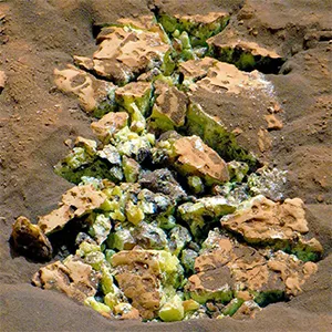 Rock in Gediz Vallis on Mars where Curiosity Rover found yellow sulfur crystal. Credit: NASA