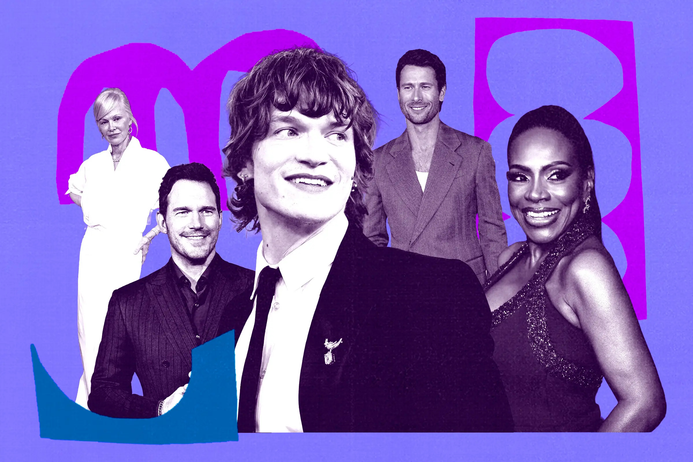 Photo collage of Connor Storrie, Chris Pratt, Pamela Anderson, Glen Powell and Sheryl Lee Ralph.