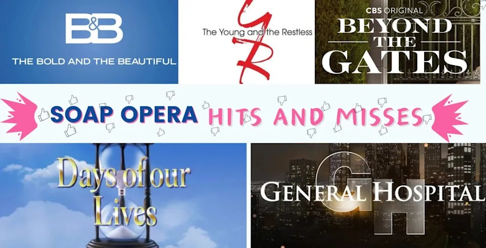 Soap's hit and misses graphic featuring the key art logo for B&B, DAYS, GH, BTG, and Y&R,