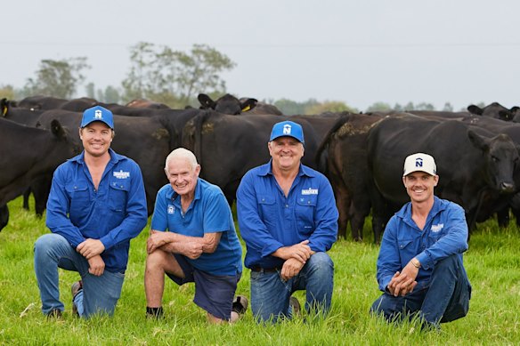 Robert Mackenzie, centre-right, with father Bruce and sons James (left) and Jack (right), at Macka’s Pastoral
