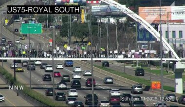 Anti-ICE protestors demonstrate on pedestrian bridge above U.S. 75
