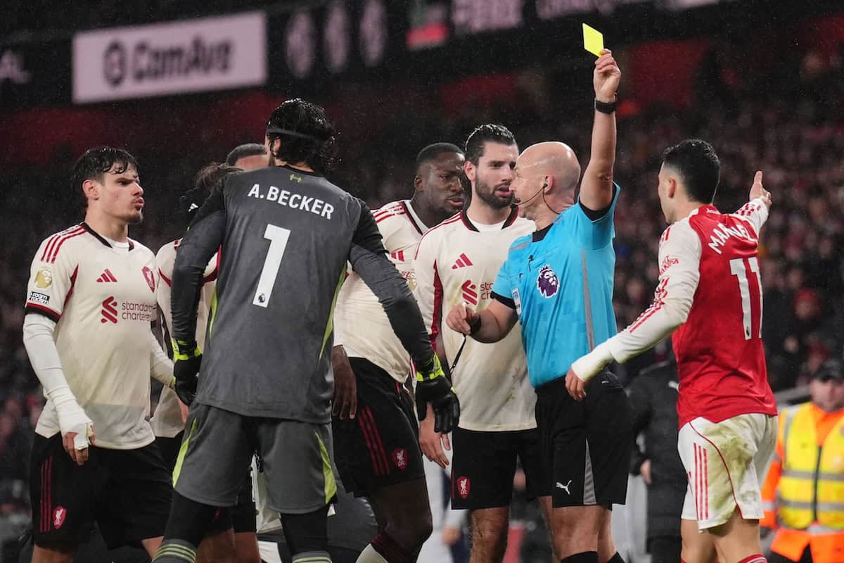 Arsenal&rsquo;s Gabriel Martinelli (right) was booked for moving injured Liverpool full-back Conor Bradley (not pictured) off the pitch (PA)