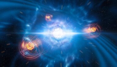 Artist’s impression of strontium emerging from a neutron star merger. Credit: ESO/L. Calçada/M. Kornmesser