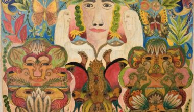 A mixed-media drawing by Minnie Evans of a face surrounded by foliage, flowers, and other faces