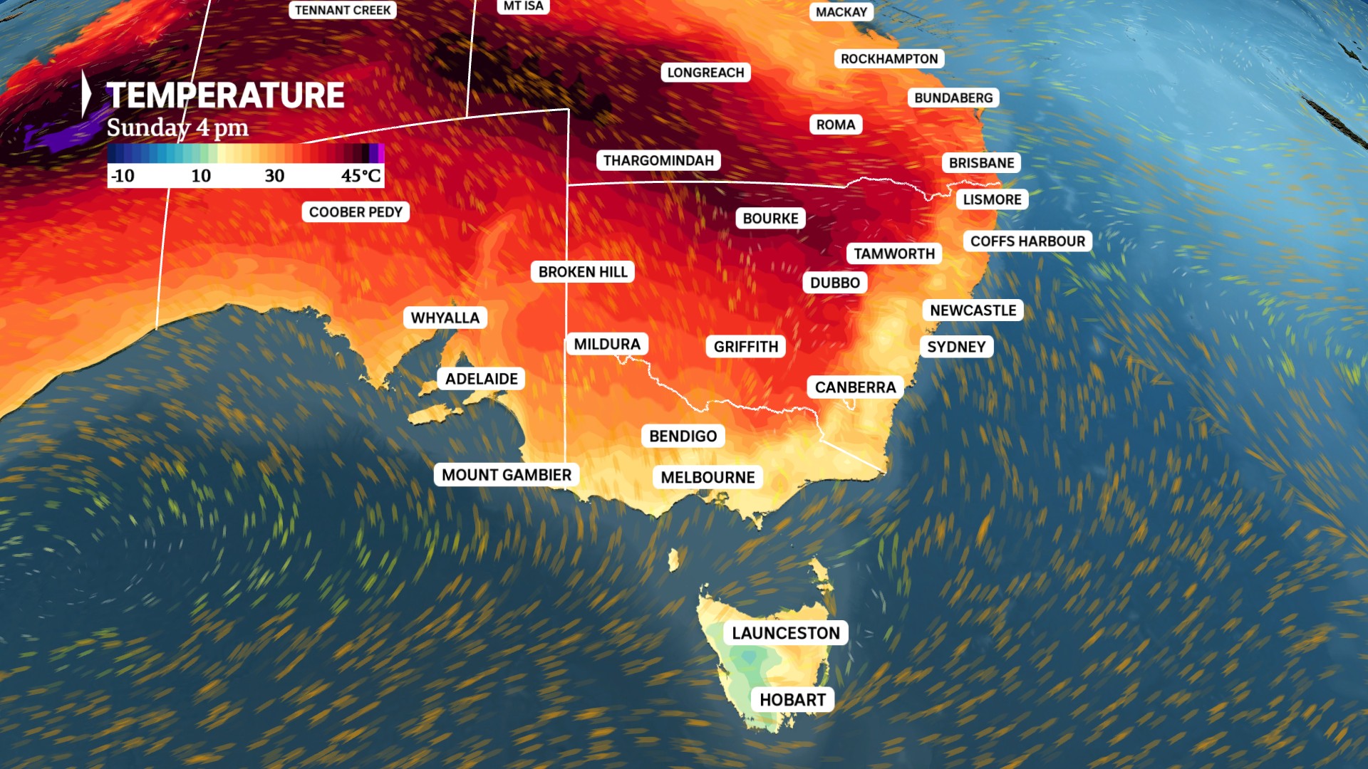 Map of Australia showing temperatures for Sunday.