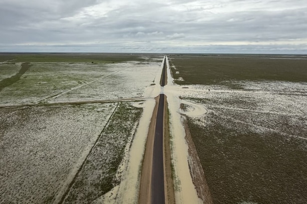 Floodwater lining both sides of a road.