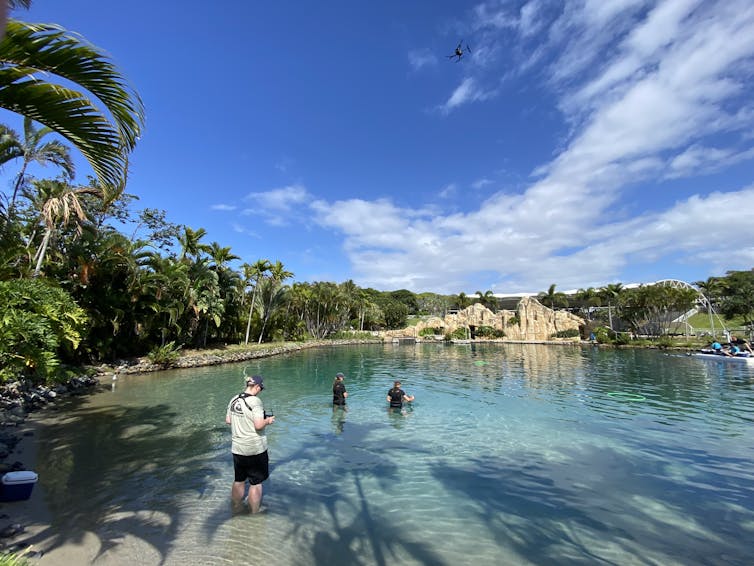 People standing in a turquoise pool with a drone flying overhead.