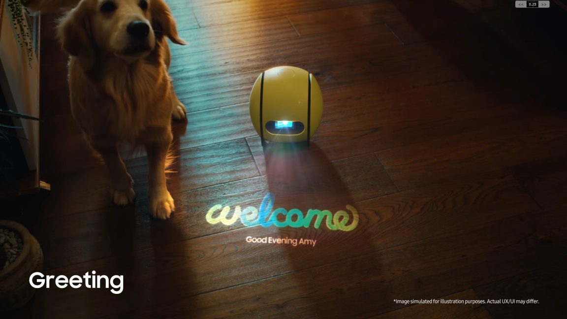 A shot from a video that Samsung showed of the yellow Ballie home robot at CES 2024.