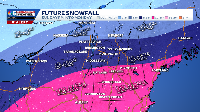 Snowfall forecast from Sunday afternoon through Monday evening.