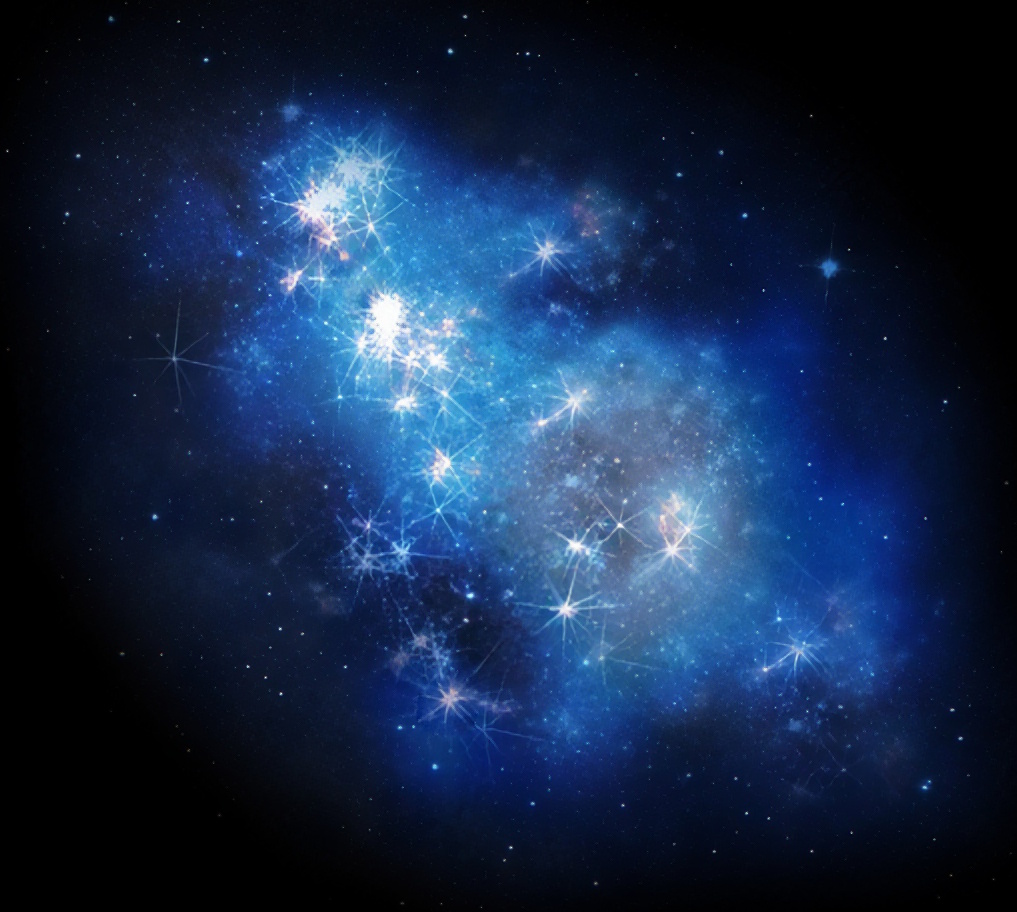 A bright, blue nebula with glowing stars scattered throughout, surrounded by the dark background of outer space—inviting wonder about the biggest mysteries and the origin of our universe.