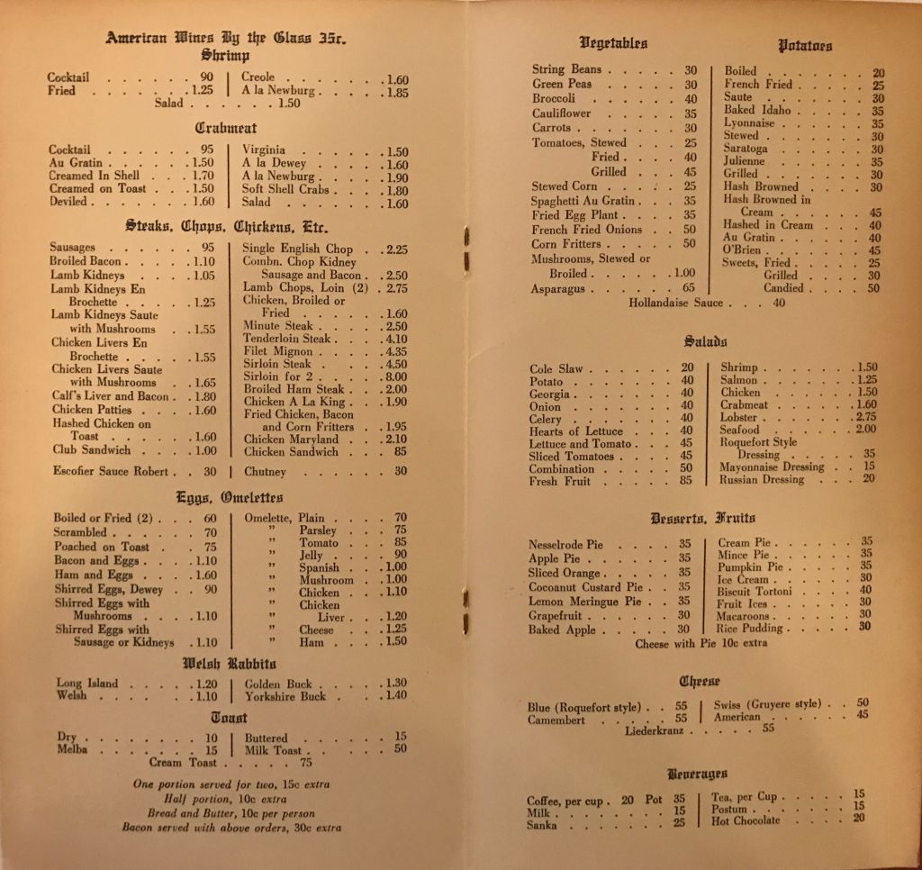 An old Gage & Tollner menu