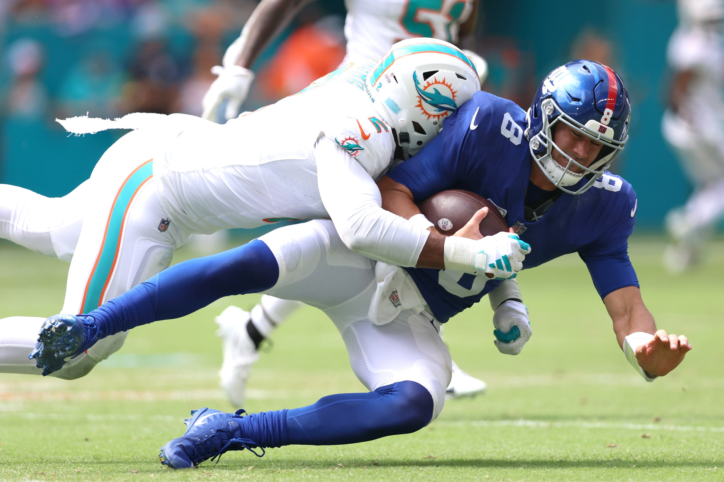 Bradley Chubb tackles Daniel Jones during the Giants’ 2023 loss in Miami