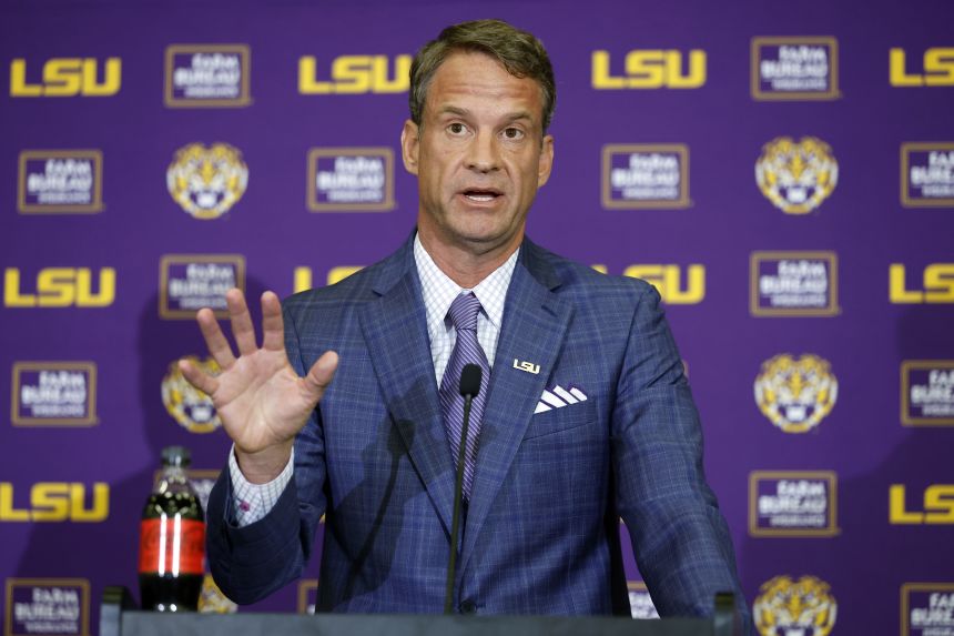 LSU head coach Lane Kiffin speaks at his introductory news conference last month.