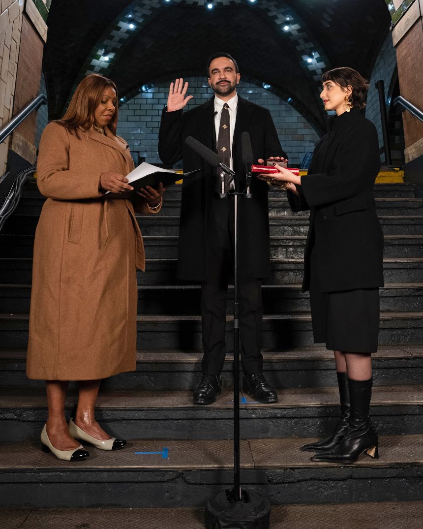 Zohran Mamdani was sworn in as New York's mayor shortly after midnight on January 1. His wife Rama Duwaji, right, wore a vintage Balenciaga coat which she rented from a fashion archive, and a pair of borrowed boots by Miista, which were criticized by the New York Post for their $630 price tag.