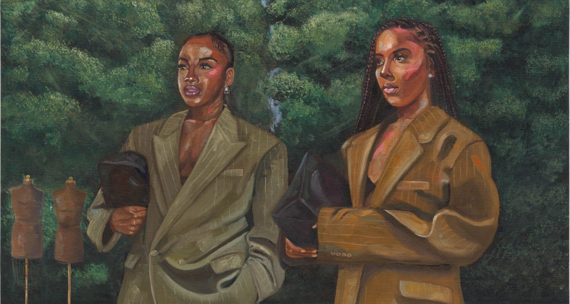 A painting by Glenn Hardy Jr. of two stylish Black women wearing complementary fashionable suits and holding handbags, standing on either side of a tennis net amid a wooded background