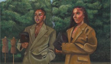 A painting by Glenn Hardy Jr. of two stylish Black women wearing complementary fashionable suits and holding handbags, standing on either side of a tennis net amid a wooded background