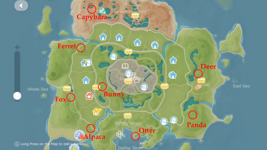 heartopia-animals-1 Heartopia animals - map of all locations for the eight wild animal types. Ring to mark where they are in red, plus red text to label. If you cannot see this picture, there are descriptions underneath.