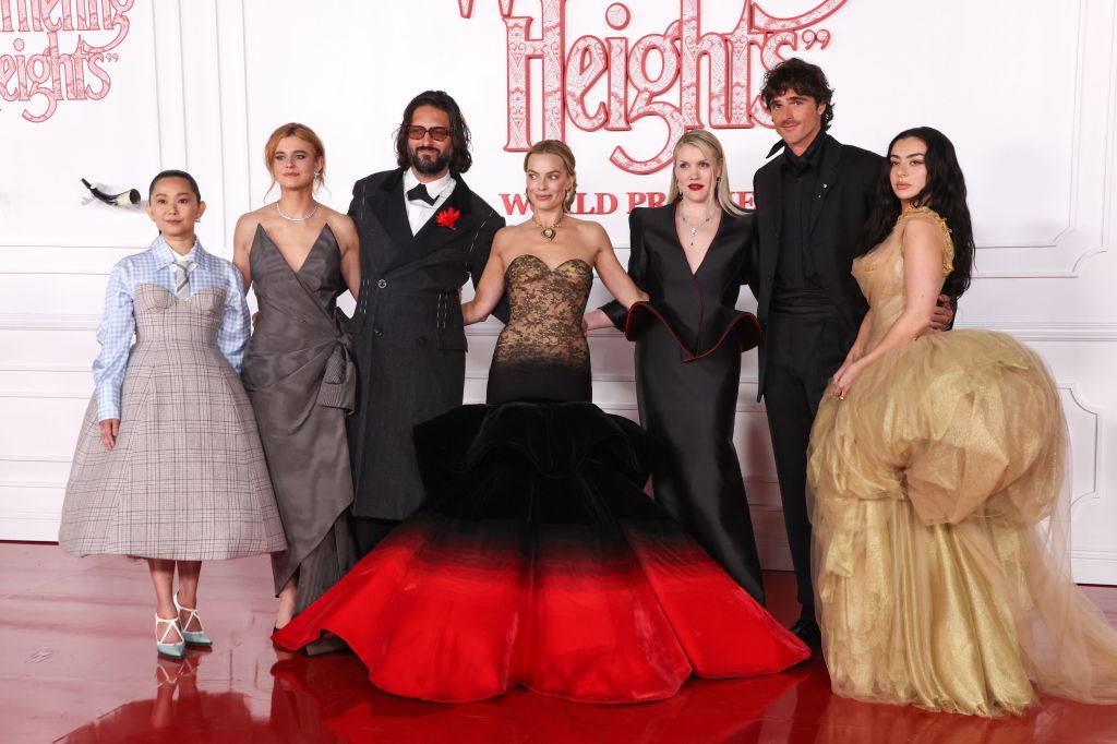 Hong Chau, Alison Oliver, Shazad Latif, Margot Robbie, Emerald Fennell, Jacob Elordi and Charli xcx at the "Wuthering Heights" World Premiere held at the TCL Chinese Theatre