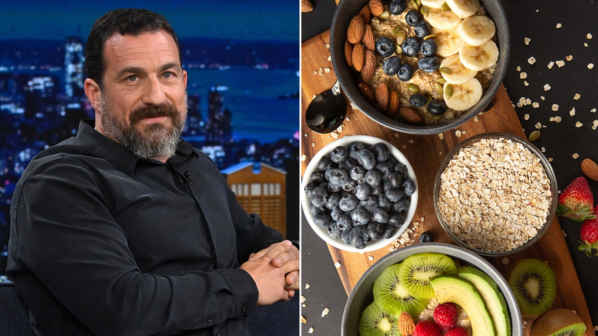 split image of Dr. Andrew Huberman next to bowls of oats and fruit