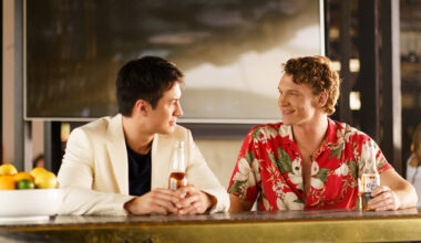 (L to R) - Hudson Williams as Shane Hollander and Connor Storrie as Ilya Rozanov in Episode 105 of Heated Rivalry.