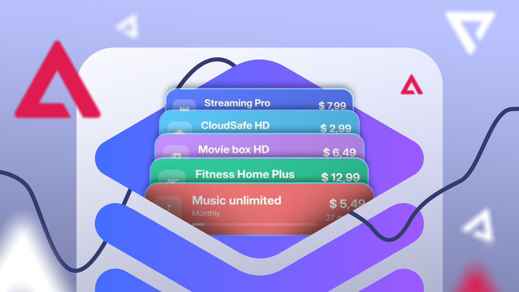 Illustration of a stack of colorful subscription cards with prices, emerging from the Subtrack icon.