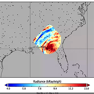 AWE observed atmospheric gravity waves generated by Hurricane Helene as the storm slammed into the gulf coast of Florida. The curved bands extending to the northwest of Florida, artificially colored red, yellow, and blue, show changes in brightness (or radiance) in a wavelength of infrared light produced by airglow in Earth’s mesosphere. Credit: Utah State University