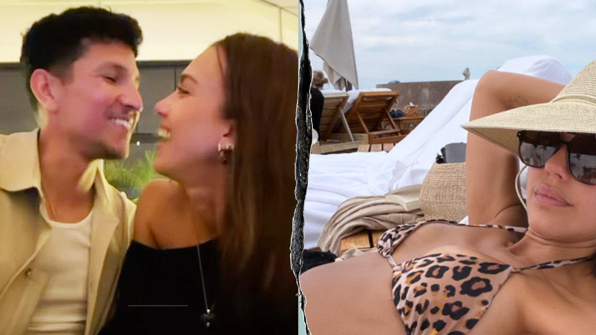 Split image showing Jessica Alba and Danny Ramirez leaning toward each other; Jessica Alba on a beach lounger in a leopard-print bikini and sun hat on the right.