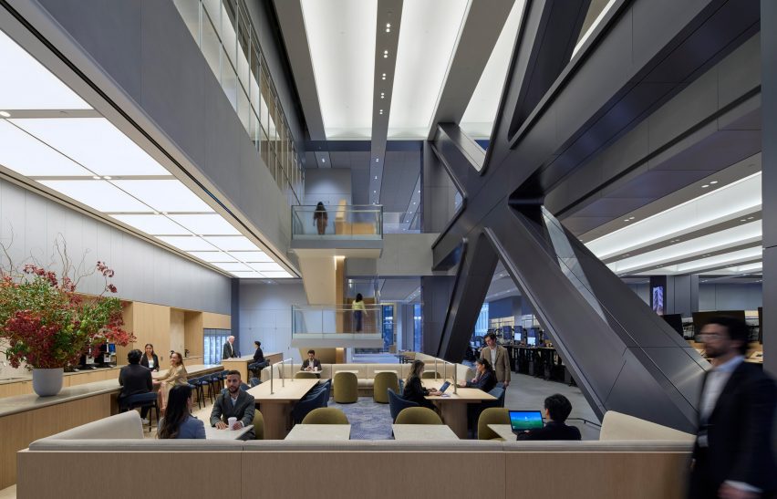 Distinctive structural diagrid is expressed inside an atrium space