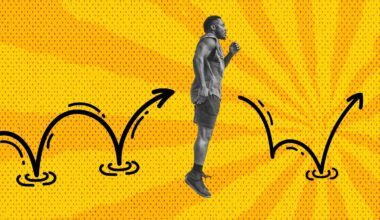 black and white photo of a man jumping 50 times in the morning on a stylized yellow background