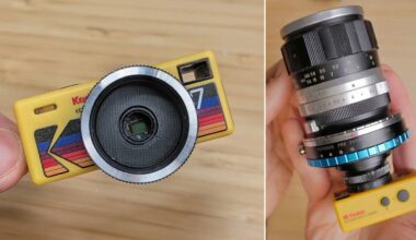 A small yellow Kodak digital camera with a large attached lens is shown. On the left, the camera is held in hand facing forward; on the right, the camera is attached to a bulky manual lens, also held by hand.