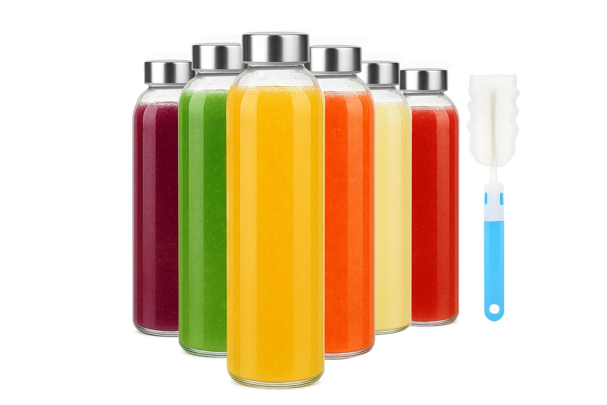 Six glass bottles filled with colorful juices, ranging from red to yellow to green, and a blue-handled bottle brush.
