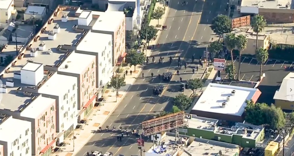 Aerial view of LA Police at the MLK parade in Leimert Park.