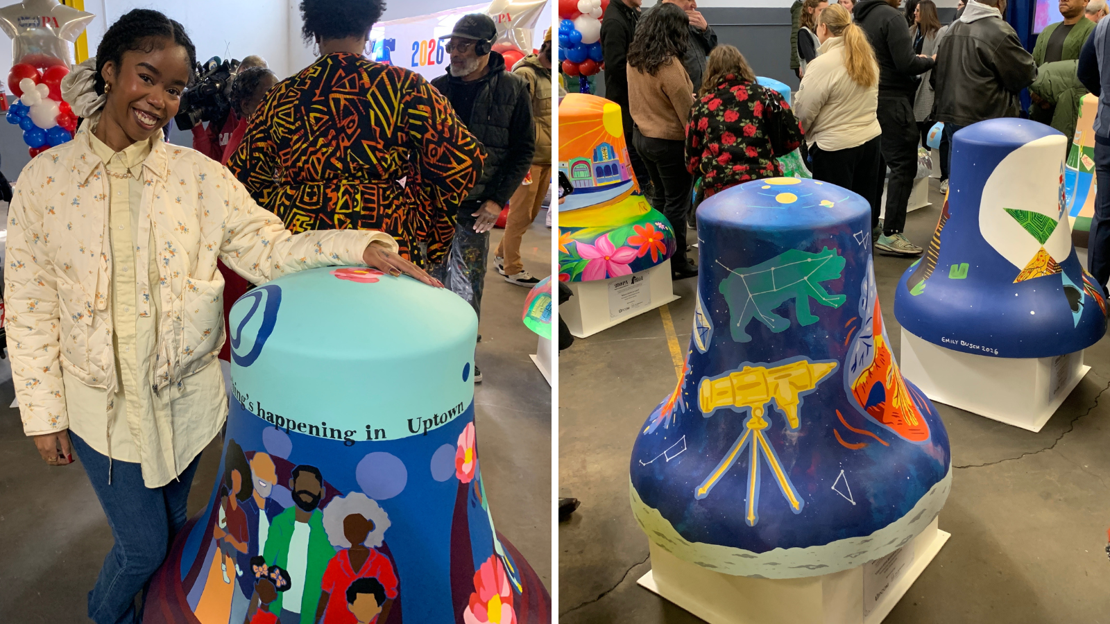 Left: Tykira posing with her bell. Right: Two other Liberty Bell designs.