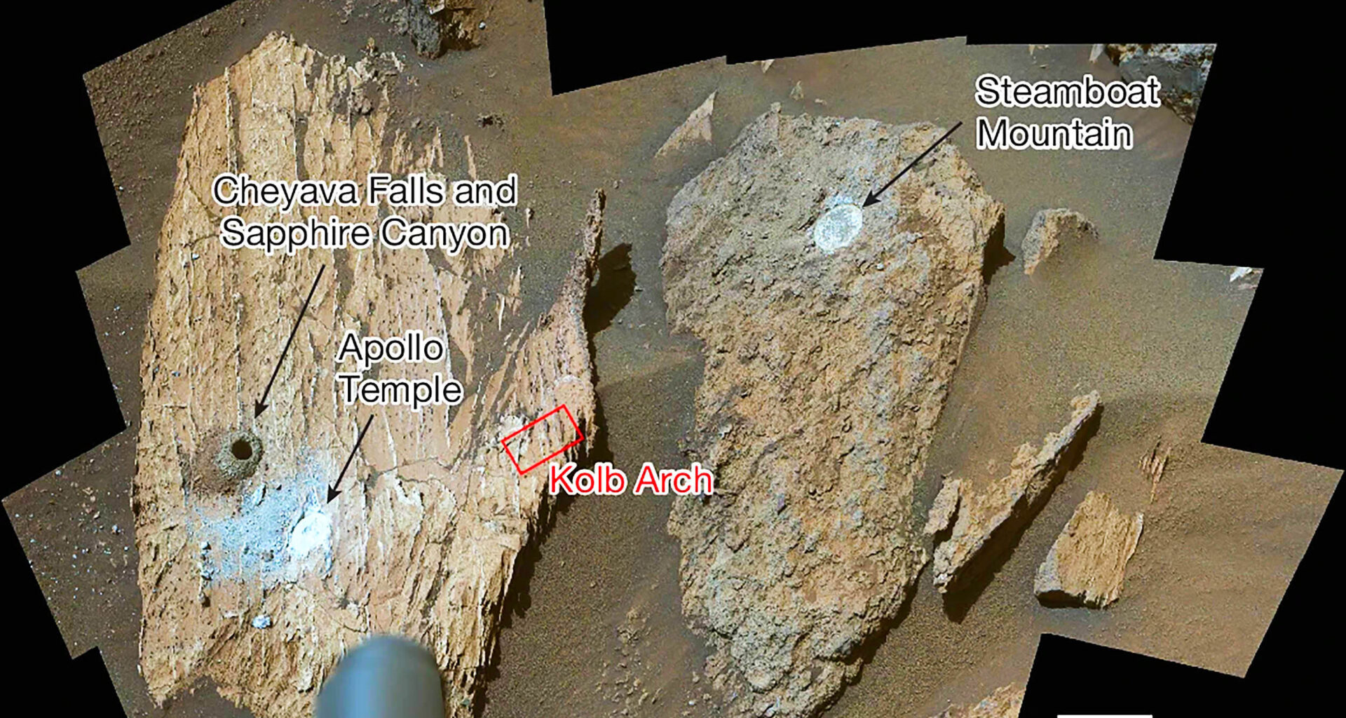 An annotated version of the image of “Cheyava Falls” indicates the markings akin to leopard spots, which have particularly captivated scientists, and the olivine in the rock. The image was captured by the WATSON instrument on NASA’s Perseverance Mars rover. Credit: NASA