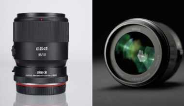 Side-by-side images of a Meike 85mm f/1.8 camera lens: on the left, the lens stands upright with branding visible; on the right, the lens lies on its side showing the front glass element.