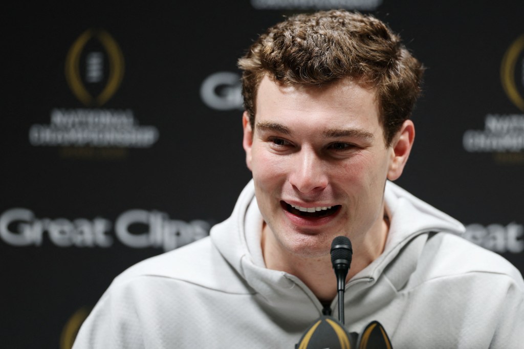 Fernando Mendoza talking to the media during the College Football Playoff National Championship media day.
