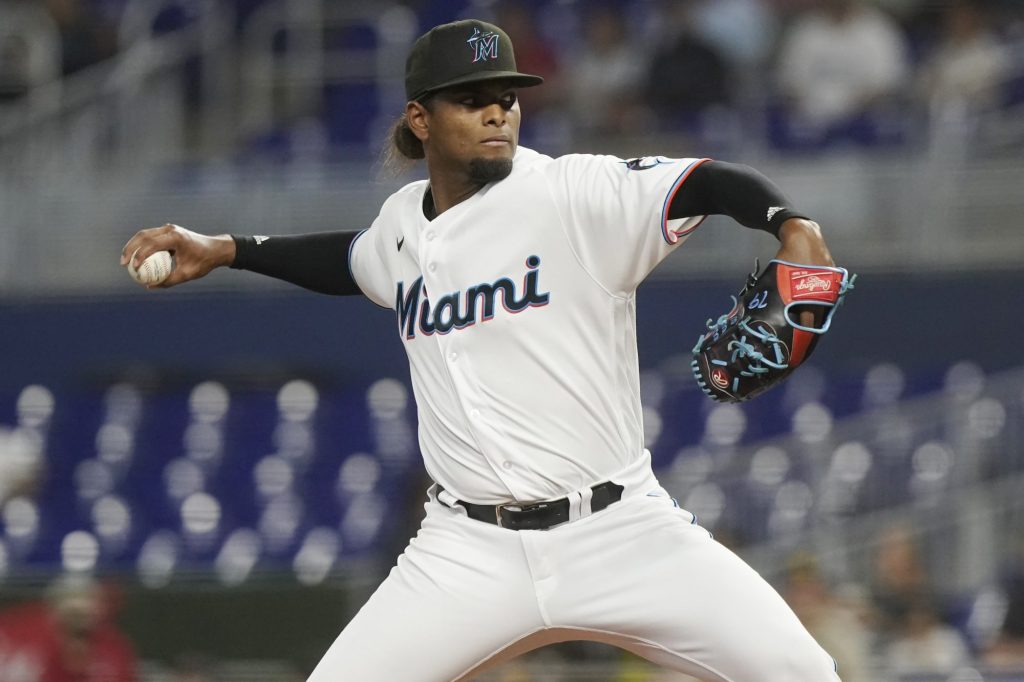 Miami Marlins pitcher Edward Cabrera preparing to throw a pitch.