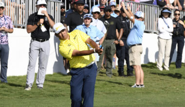 Winner Hideki Matsuyama chips to the 18th green Sunday to set up one last birdie at the Kapalua Plantation Course. His 35-under-par total set a new PGA Tour record. Maui Photojournalism Magazine / MATTHEW THAYER photo