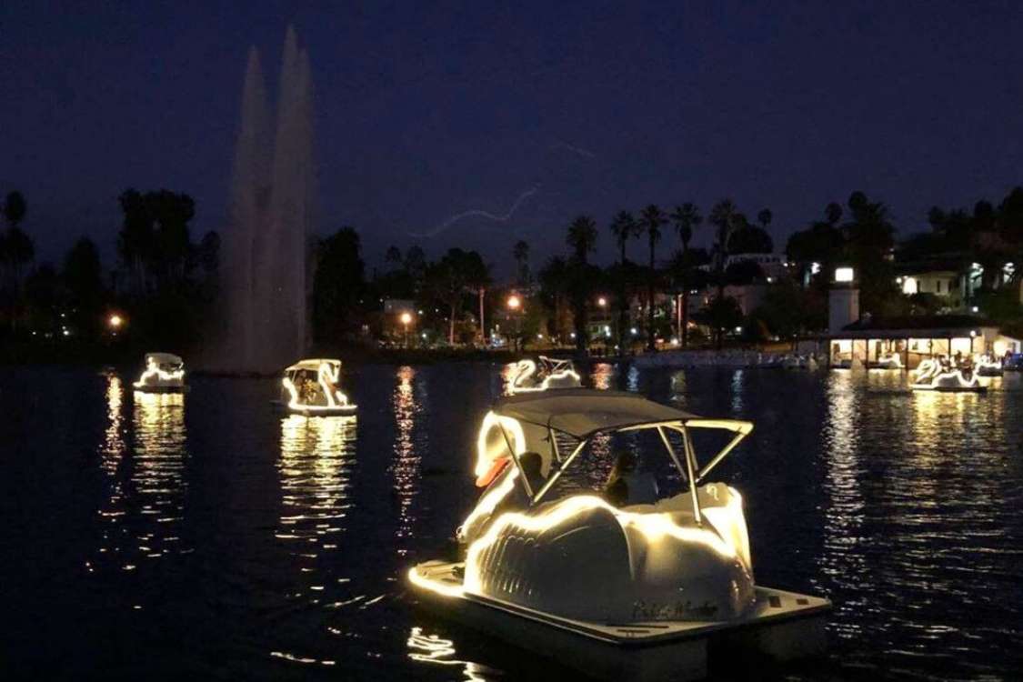 swan boats in Los Angeles at night