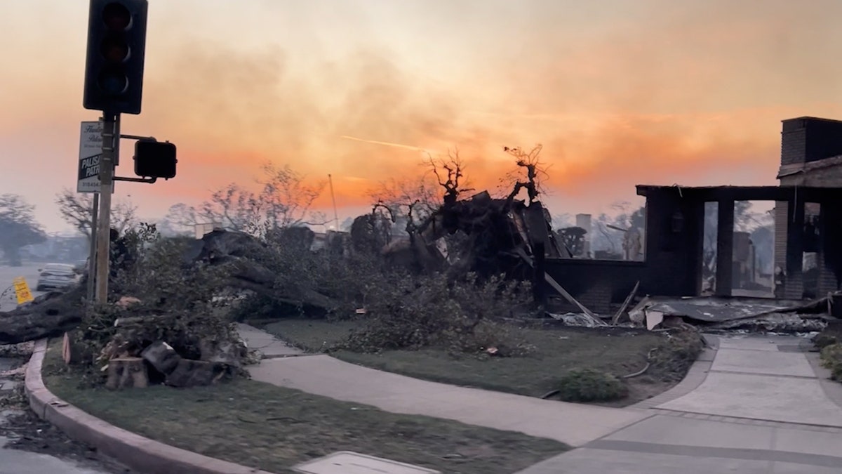 The skeletal remains of burned homes stand in the Pacific Palisades days after the wildfire.